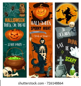 Halloween trick or treat night and spooky party sketch banners of pumpkin Jack lantern and zombie monsters. Vector Halloween witch on moon, tombstone and skeleton skull on grave or happy spooky ghost.