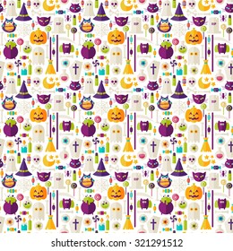 Halloween Trick or Treat Objects Seamless Pattern. Flat Design Vector Seamless Texture Background. Halloween Holiday Template. 