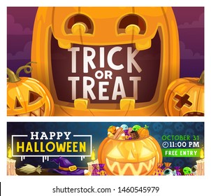 Halloween trick or treat party celebration poster with pumpkin lanterns. Vector Halloween night holiday scary candy sweets, witch hat and broom with candle and zombie skull eye