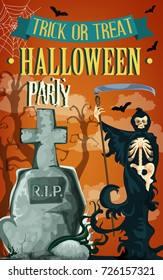 Halloween trick or treat party celebration poster template or invitation card. Vector Halloween tombstone on grave, death skeleton skull with scythe and creepy dead monster forest and black bats.