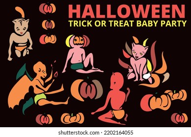 Halloween trick or treat party. Children baby in Halloween costumes set. funny cute baby cartoons. Vector illustration