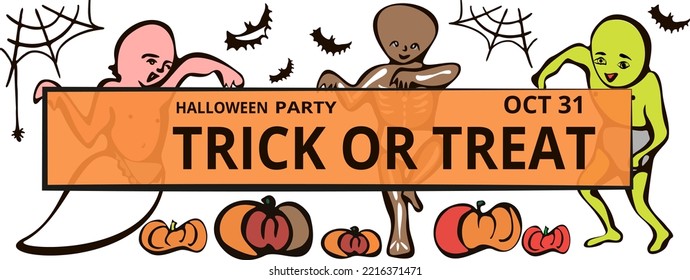 Halloween trick or treat party. Children baby in Halloween costumes set. funny cute baby cartoons. Vector illustration