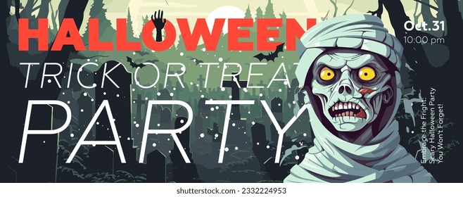 Halloween trick or treat party horizontal banner. Zombie on tombstones backdrop. Poster angry mummy in cemetery. Art cover evil dead man. Holiday evening promo artwork flyer. Vector trendy typography