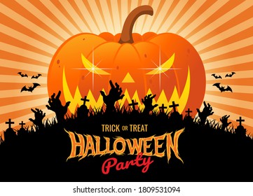 Halloween trick or treat party with pumpkins with sparkles in eyes and orange background with silhouettes of zombie hands rising out of the grave, bats and cross on the grave. vector illustration