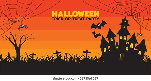 Halloween trick or treat party with spiders, haunted mansion and bats vector illustration have blank space. Happy Halloween greeting card template.