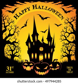 Halloween. trick or treat. Halloween party. Vector illustration. Happy Halloween Poster. Haunted house halloween background. Happy halloween greeting card.  