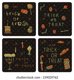 Halloween "trick or treat" postcard invitation set. Vector pattern for web page backgrounds, postcards, greeting cards, invitations, pattern fills, surface textures.