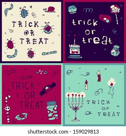 Halloween "trick or treat" postcard invitation set. Vector pattern for web page backgrounds, postcards, greeting cards, invitations, pattern fills, surface textures.