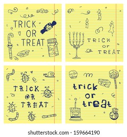 Halloween "trick or treat" postcard invitation set. Vector pattern for web page backgrounds, postcards, greeting cards, invitations, pattern fills, surface textures.