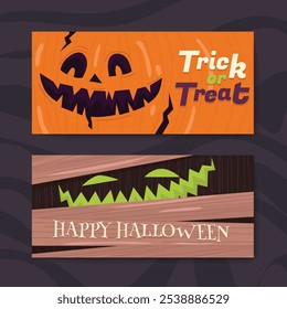 Cartel de Halloween, truco o trato, tarjeta. Vector