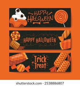 Cartel de Halloween, truco o trato, tarjeta. Vector