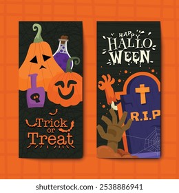 Cartel de Halloween, truco o trato, tarjeta. Vector