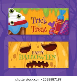 Cartel de Halloween, truco o trato, tarjeta. Vector