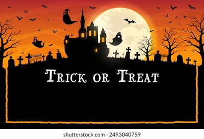 Halloween trick or treat poster with cemetery, castle and flying ghosts. Vector thrilling haunting background with spooky graveyard, looming palace, and ethereal spooks soaring through the dusk sky