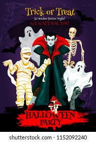 Halloween trick or treat poster of october horror holiday celebration. Dracula vampire with ghost, skeleton and zombie, mummy and bat for Halloween horror night party invitation flyer design