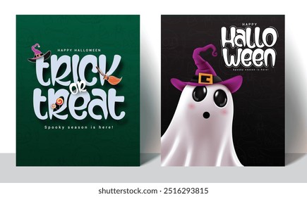 Halloween truque ou tratar cartaz definir design. O texto da saudação de Halloween em verde e preto vazio é um fundo assustador com um personagem fantasma vestindo uma coleção de cartões de convite de chapéu de bruxa. Vetor 