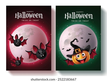 Halloween trick or treat poster set design. Happy halloween greeting card with funny pumpkin bats elements in full moon red and green spooky background. Vector illustration night party poster card 