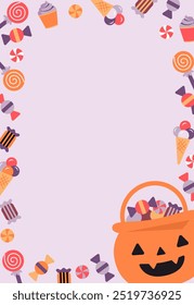 Plantilla de póster de truco o trato de Halloween. Tarjetas de felicitación, invitación del partido, anuncio, Anuncio con la cesta linda de la calabaza de la historieta, dulces y caramelos. 