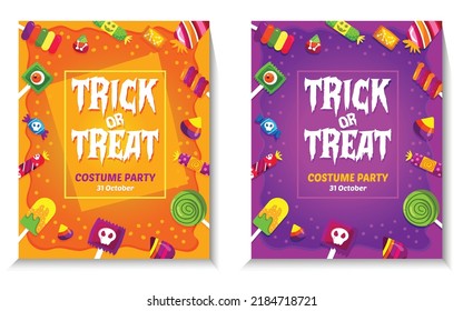 Truco de Halloween o tratar el diseño vectorial de afiches con fondo de caramelo. ilustraciones vectoriales. plantillas de folletos de pancartas