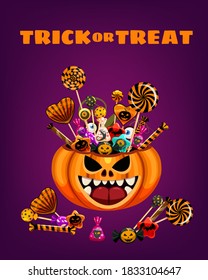Halloween Trick or Treat Pumpkin Bag basket full of Candies and Sweets. Autumn october holiday tradition celebration banner poster template. Vector illustration isolated