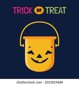 Halloween Trick or Treat pumpkin candy bucket vector icon. Cute scary pumpkin cartoon design element. Halloween party fun Treat candy bucket sign illustration. Happy holiday kids event background