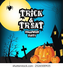 Halloween Trick or Treat with Pumpkin Jack-O'-Lantern,pumpkins, bats and spooky decorations on a blusish background.Perfect for a Halloween banner or poster

