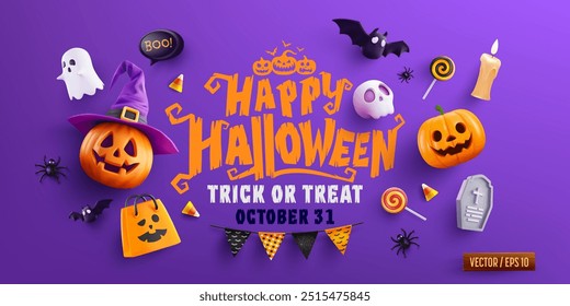 Truco o trato de Halloween con calabaza Jack-O'-Lantern, sombrero de bruja, fantasma, calabazas, murciélagos, maíz de caramelo y decoraciones espeluznantes de Halloween. Sitio web espeluznante para Anuncio de Halloween o Plantilla de póster. Vector EPS 10