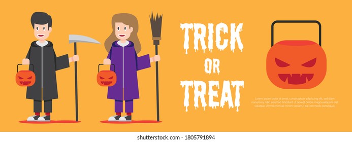 Halloween trick or treat pumpkin vector background template. Halloween trick or treat greeting text with empty space for message and pumpkin basket with sweet candies element. Vector illustration.
