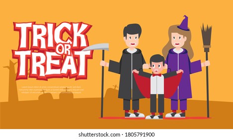 Halloween trick or treat pumpkin vector background template. Halloween trick or treat greeting text with empty space for message and pumpkin basket with sweet candies element. Vector illustration.
