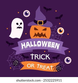 Halloween trick or treat. Pumpkin in witchhat, ghost, black bats and eyes. International festival of fear and horror. Spooky characters. Fantasy and imagination. Flat vector illustration