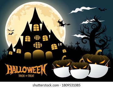 Halloween trick or treat with pumpkins wearing medical face mask background with silhouettes of castle, witch, dead tree and big moon. corona virus or COVID-19. Halloween 2020. vector illustration