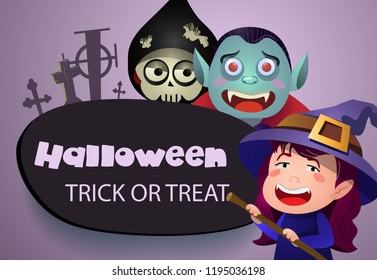 Halloween trick or treat purple banner design. Creative lettering with cartoon characters of skeleton, witch, vampire and cemetery on purple background. Can be used for invitations and leaflets.