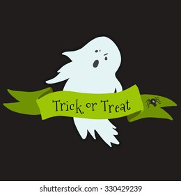 Halloween trick or treat scarry vector illustration with decorative ribbon, text, ghost 