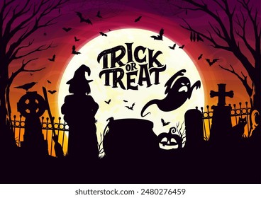 Halloween trick or treat scary holiday character silhouettes on cemetery landscape, cartoon vector. Halloween spooky boo ghosts, scary pumpkins and witch with broom, potion cauldron and tombstones