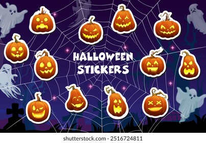 Halloween trick or treat scary pumpkin stickers with boo ghosts, cartoon vector. Halloween holiday stickers for horror night with spooky pumpkin lanterns with monster faces in spiderweb on cemetery