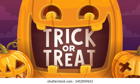 Halloween trick or treat scary pumpkins vector design. Creepy jack-o-lanterns, autumn horror holiday celebration greeting card, orange gourds with carved funny faces, eyes and smiles