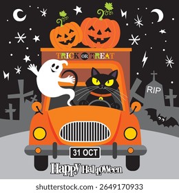 Dia das Bruxas Trick or Treat Scene with Pumpkins, Cat, and Ghost (Trick ou trate a cena com abóboras, gato e fantasma)