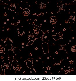 Halloween and trick or treat seamless pattern. Print on fabric with pumpkin and scary symbol. the witch wallpaper mono-line vector.
