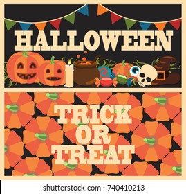 Halloween trick or treat set of banners with title and images of pumpkins, candies and candle, skull and witch hat, plant vector illustration