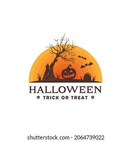 halloween trick or treat with silhouettes of dried trees and pumpkins that are spooky logo design template with white background