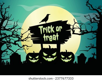 Halloween trick or treat with spooky jack and tombstone banner. Happy Halloween trick or treat greeting card. Vector stock