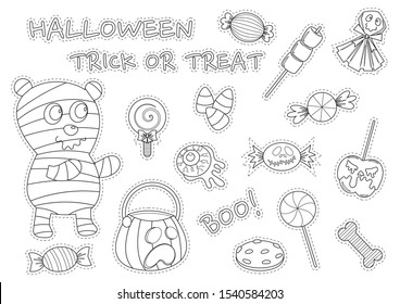 Halloween trick or treat stickers set including mummy teddy bear, candy bucket, candies, sweets, cookies, and candy corns. Halloween stickers collection cartoon colorless for coloring book.