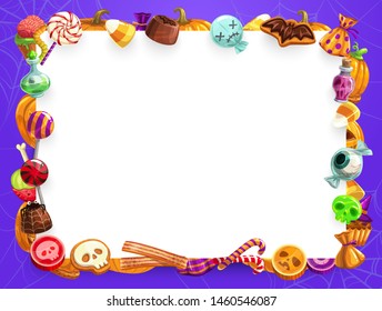 Halloween trick or treat sweets and candies frame with copy space vector design. Candy corn, pumpkin cake and cupcake, lollipop, chocolate and jellies, cookies and desserts in shape of skull and brain