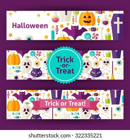 Halloween Trick or Treat Template Banners Set in Modern Flat Style. Design Vector Illustration of Brand Identity for Halloween Party Promotion. Colorful Pattern for Advertising