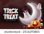 Halloween trick or treat text vector design. Trick or treat kids party invitation card with ghost, funny pumpkin, candies, skull, bone and candle elements in  thunderstorm creepy crescent moon night 