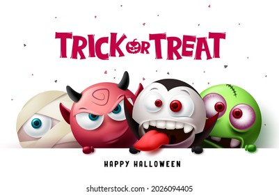Halloween Trick Or Treat Text Vector Design. Happy Halloween With Scary, Spooky And Creepy Character Background In Cute Facial Expression Horror Elements. Vector Illustration