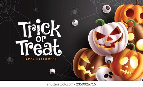 Halloween trick or treat text vector design. Trick or treat with pumpkin squash lantern decoration elements for holiday spooky background. Vector illustration party invitation card.