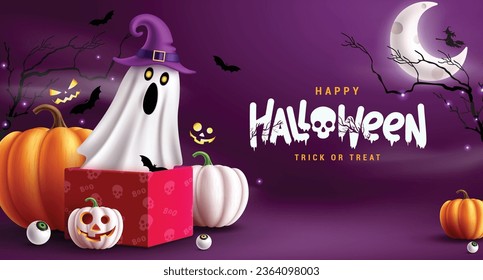 Halloween trick or treat text vector design. Happy halloween greeting with ghost character in surprise gift elements in night spooky background. Vector illustration horror greeting card design.
