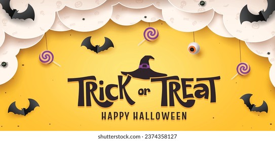 Halloween trick or treat text vector design. Happy halloween greeting card with bat , lollipop and clouds paper cut decoration elements for kids horror party invitation card background. Vector 