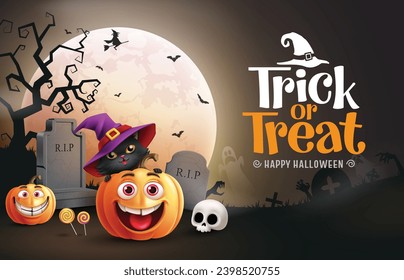 Halloween trick or treat text vector design. Trick or treat greeting card with pumpkins and cat character elements in night full moon background. Vector illustration kids party invitation card.
